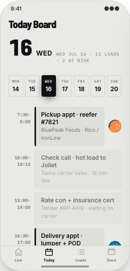 Freight Brokerage prototype screen showing Today Board