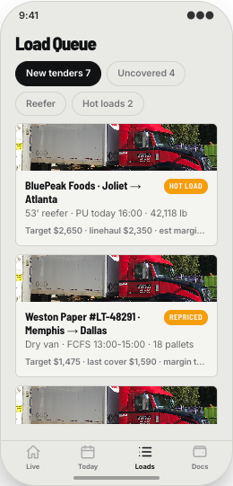 Freight Brokerage prototype screen showing Load Queue