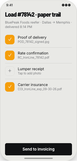 Freight Brokerage prototype screen showing Paper Trail