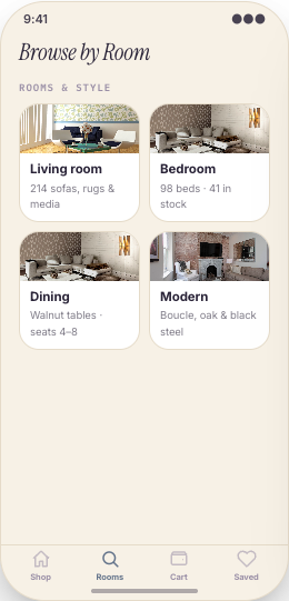 Furniture Store prototype screen showing Browse by room