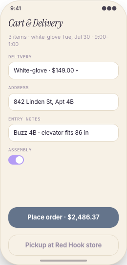 Furniture Store prototype screen showing Browse by style