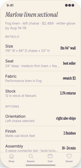 Furniture Store prototype screen showing Save favorites