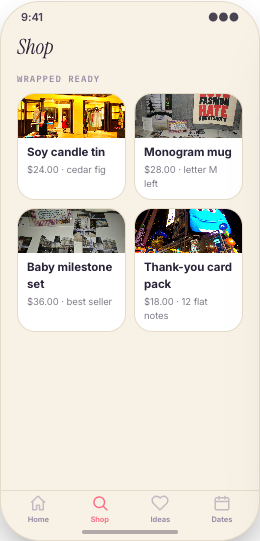 Gift Shop prototype screen showing Shop by recipient and budget