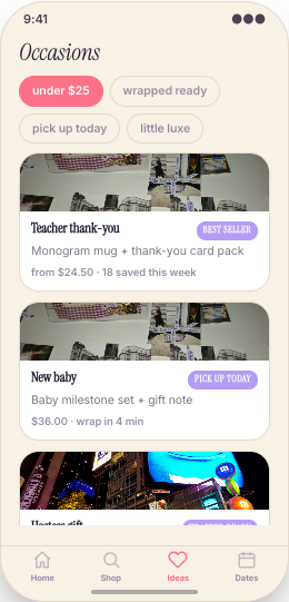 Gift Shop prototype screen showing Occasion gift guides