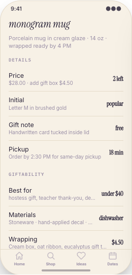 Gift Shop prototype screen showing Wrapping, card, and note