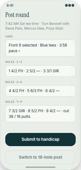 Golf Club & Country Club prototype screen showing Foursome booking