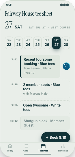 Golf Club & Country Club prototype screen showing Upcoming booking card