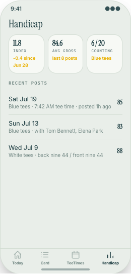 Golf Club & Country Club prototype screen showing Mobile scorecard