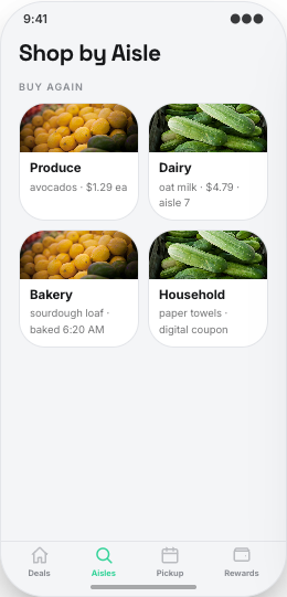 Grocery Store prototype screen showing Shop by Aisle