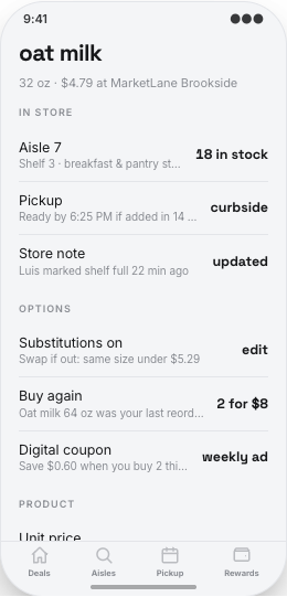 Grocery Store prototype screen showing Item Finder