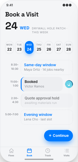 Handyman & Home Repair Service prototype screen showing Book a visit