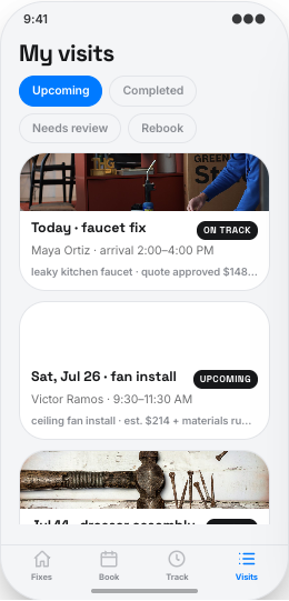Handyman & Home Repair Service prototype screen showing Live arrival