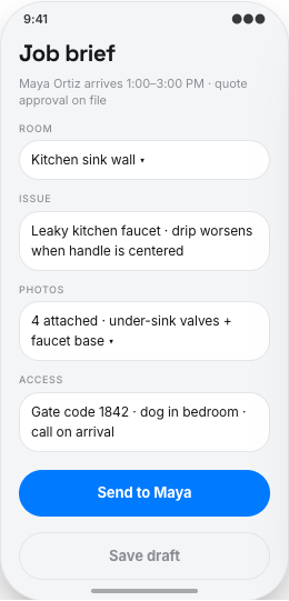 Handyman & Home Repair Service prototype screen showing Job message