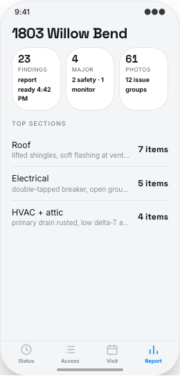 Home Inspection Company prototype screen showing Confirmed visit window