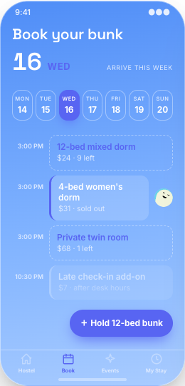 Hostel prototype screen showing Dorm and private room availability