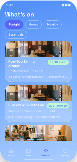 Hostel prototype screen showing Room type details