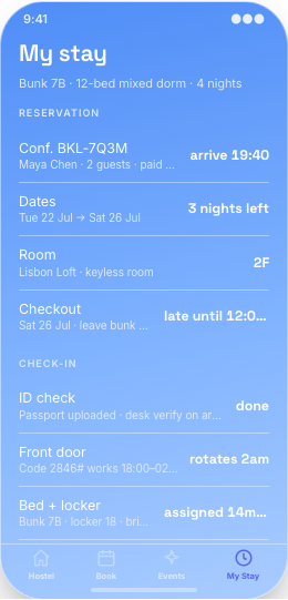 Hostel prototype screen showing Booking extras