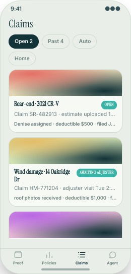 Insurance Agency prototype screen showing Claims