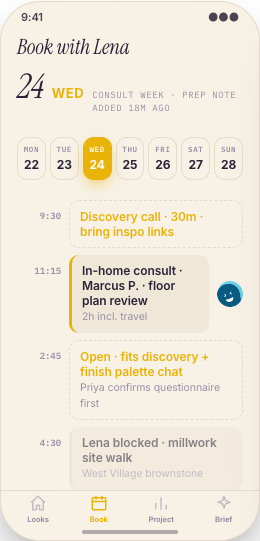 Interior Design Studio prototype screen showing Consult Calendar
