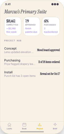 Interior Design Studio prototype screen showing Room Brief Upload