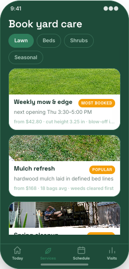 Landscaping Company prototype screen showing Service menu for real yard work