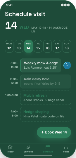 Landscaping Company prototype screen showing Schedule Visit