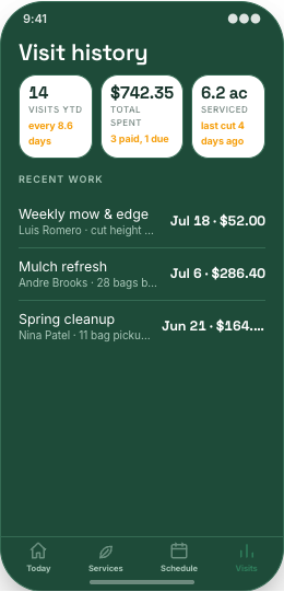 Landscaping Company prototype screen showing Recurring mowing cadence
