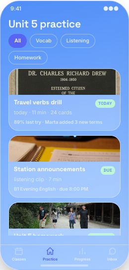 Language School prototype screen showing Prep due before class