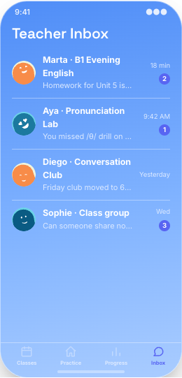 Language School prototype screen showing CEFR level progress
