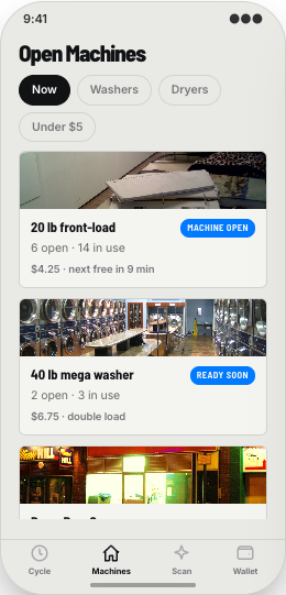 Laundromat prototype screen showing Live cycle timers