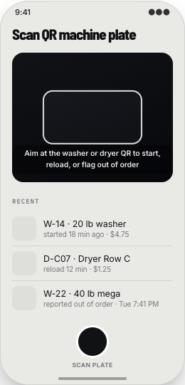 Laundromat prototype screen showing Scan to start