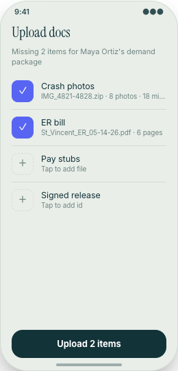 Personal Injury Law Office prototype screen showing Case Chat