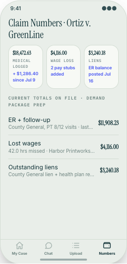 Personal Injury Law Office prototype screen showing Upload Docs
