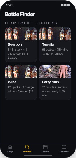 Liquor Store & Bottle Shop prototype screen showing Bottle Finder