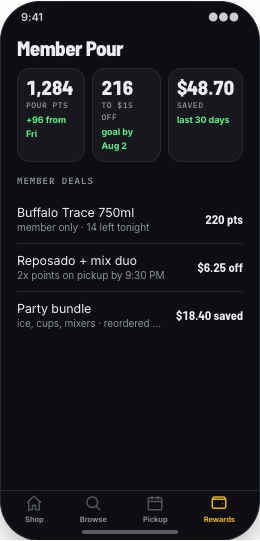 Liquor Store & Bottle Shop prototype screen showing Pickup Slots