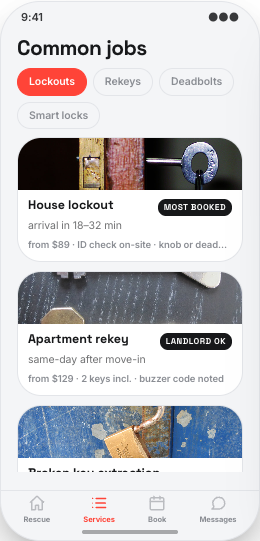 Locksmith & Rekey Service prototype screen showing Job Request details