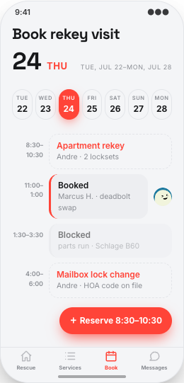 Locksmith & Rekey Service prototype screen showing Services menu