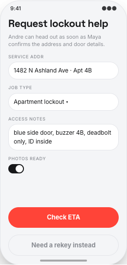 Locksmith & Rekey Service prototype screen showing Messages during the job