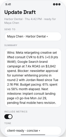 Marketing Agency prototype screen showing Deliverable status by client