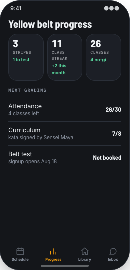 Martial Arts Dojo prototype screen showing Class reservations
