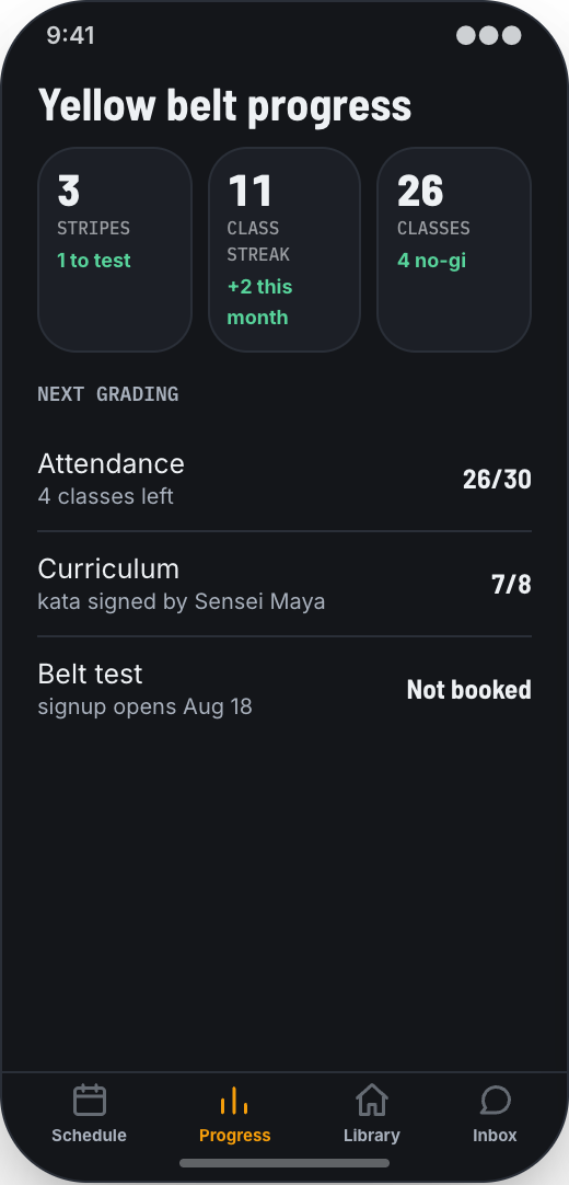 Martial Arts Dojo prototype showing Class reservations