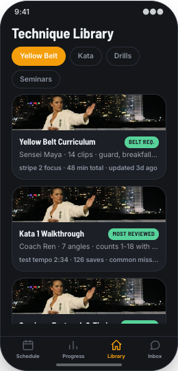 Martial Arts Dojo prototype screen showing Open mat sessions