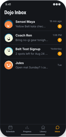 Martial Arts Dojo prototype screen showing Belt Progress