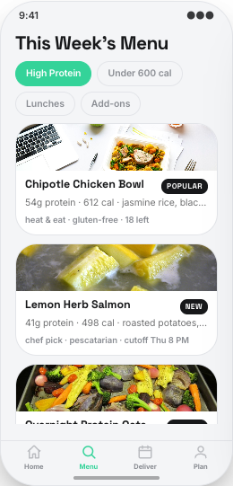 Meal Prep Service prototype screen showing This Week's Menu