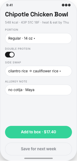 Meal Prep Service prototype screen showing Delivery Planner