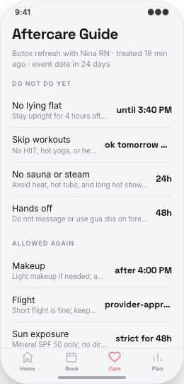 Medical Spa prototype screen showing My Treatment Plan