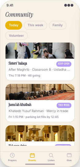 Mosque & Masjid prototype screen showing Jumu'ah details