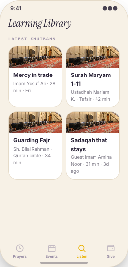Mosque & Masjid prototype screen showing Community Events