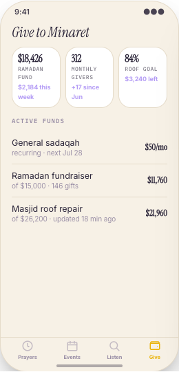 Mosque & Masjid prototype screen showing Program signups