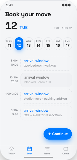 Moving Company prototype screen showing Move Details
